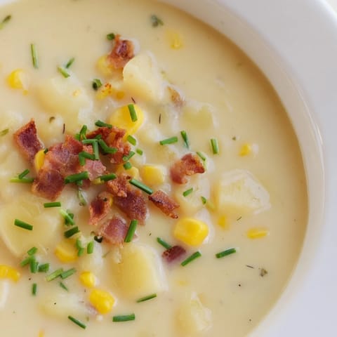 Creamy, flavorful corn chowder soup with visible chunks of potatoes and sweet corn kernels.