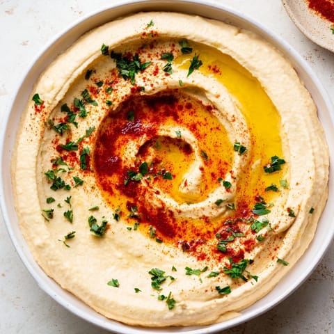 Creamy Levantine hummus plate drizzled with olive oil, ready for dipping warm pita bread.