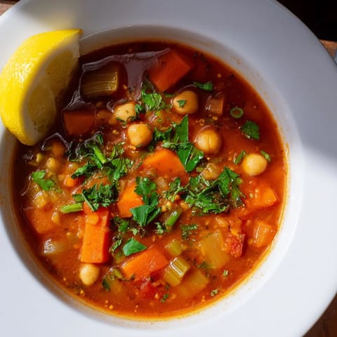 A close-up of a hearty North African Harira Soup, brimming with lentils, chickpeas, and warm spices.