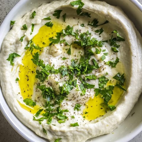 A bowl of vibrant White Bean Dip topped with olive oil and fresh herbs for a party appetizer.
