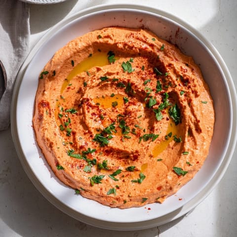 Roasted red pepper hummus served in a rustic dish alongside fresh cucumber slices, carrot sticks, and warm pita bread.