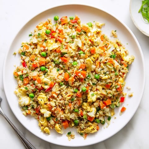 A close-up of colorful Cauliflower Fried Rice with carrots, peas, and bell peppers, highlighting its fresh, low-carb ingredients.