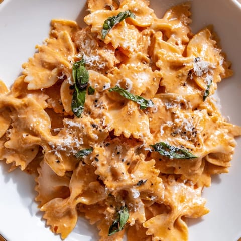 Creamy tomato basil bowtie pasta twirls on a fork with melted Parmesan and fresh herbs, perfect for a comforting weeknight dinner.