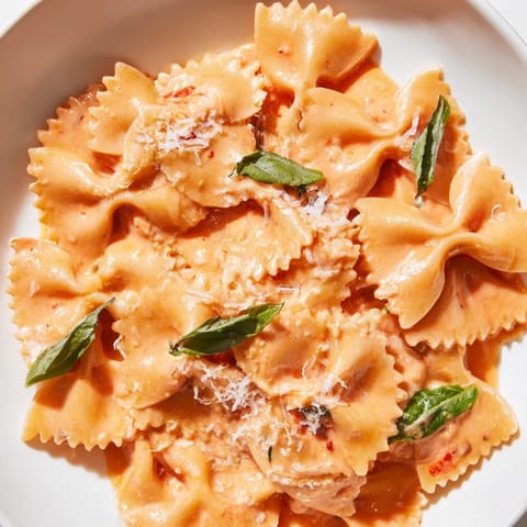 A steaming bowl of vegetarian bowtie pasta tossed in a rich tomato basil sauce, garnished with fresh basil leaves and grated Parmesan.