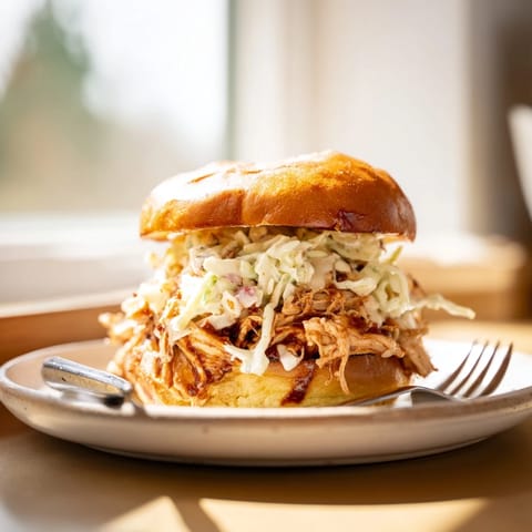 Juicy pulled chicken sandwich piled high on a toasted brioche bun, topped with a bright, crunchy slaw.  