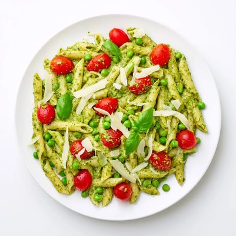 Close-up of Green Pesto Pasta Salad showing creamy basil pesto coating every noodle, topped with grated Parmesan and a drizzle of olive oil.  