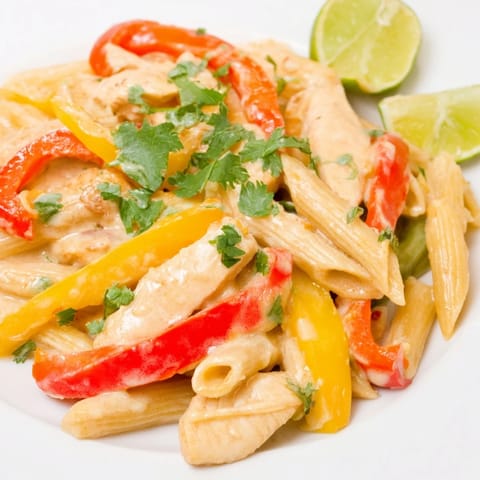 Sizzling skillet of Fajita Chicken Pasta, featuring tender chicken strips and colorful veggies coated in cheese sauce.  