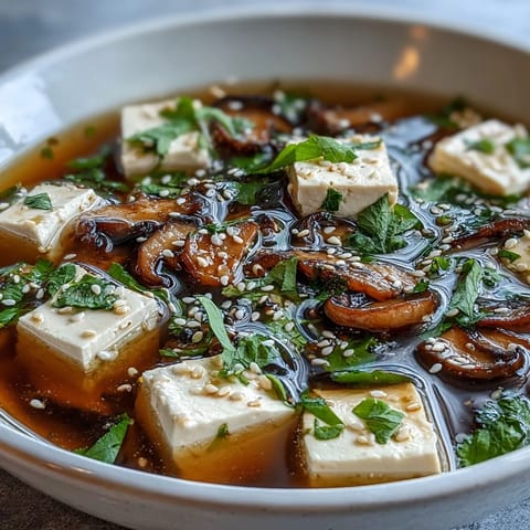 Tofu and Vegetable Soup in a white bowl with silken tofu cubes and colorful vegetables in a light broth.  