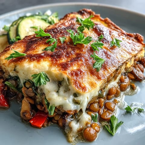 Hearty green lentil and vegetable casserole bubbling hot from oven.