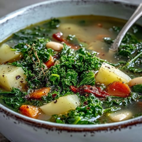 A warm bowl of Kale Soup, filled with tender kale, carrots, and creamy white beans, served steaming hot.