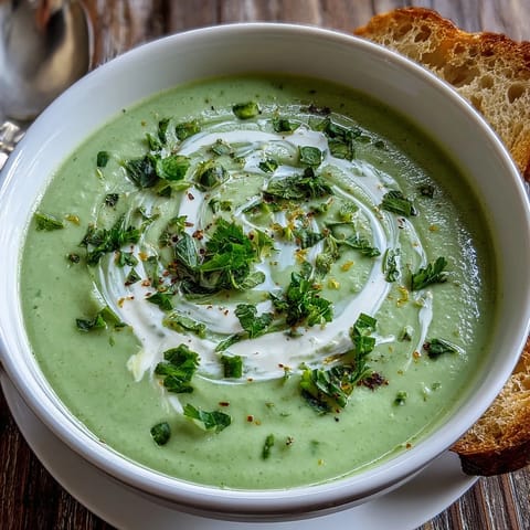 Creamy Zucchini Soup is served hot in a white bowl, garnished with fresh herbs and a lemon zest swirl.