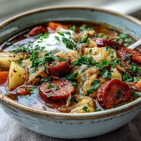Savory Sauerkraut Soup with smoked kielbasa, potatoes, and carrots served in a rustic bowl.