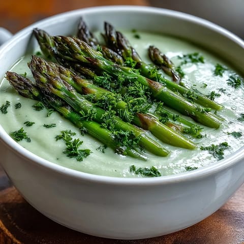 Silky smooth pureed Asparagus Soup topped with blanched tips, served alongside crusty artisan bread.