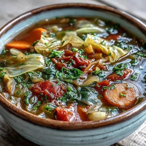 Healthy vegan Cabbage Soup simmering in a large pot, filled with vibrant bell peppers and diced tomatoes for a low-calorie meal prep.