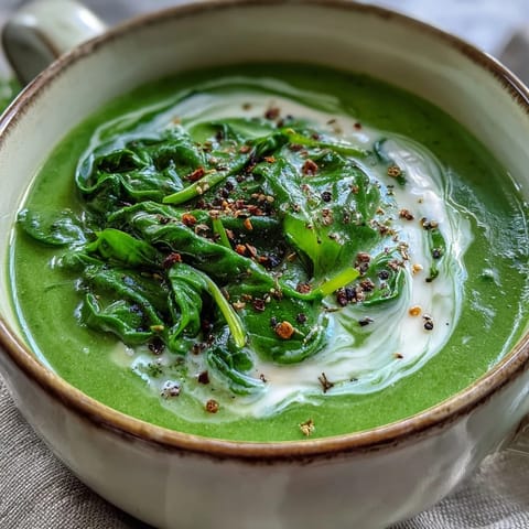 A top-down view of creamy spinach soup in a white bowl with a swirl of cream and a sprinkle of black pepper.