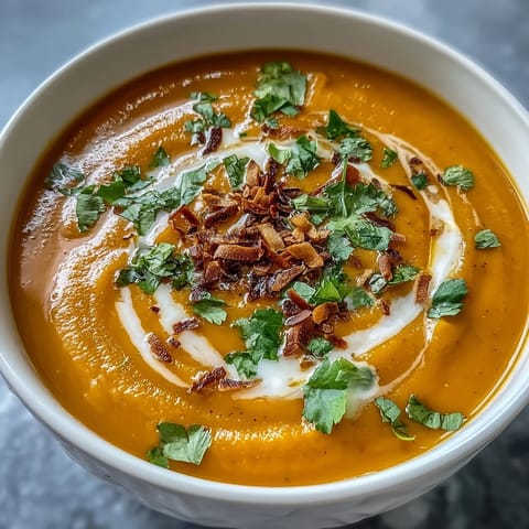 Close-up of vibrant orange carrot and coconut soup with a swirl of coconut milk and a lime wedge on the side.
