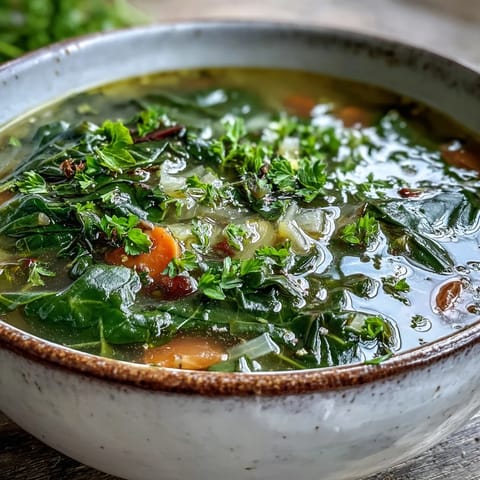 Swiss Chard Soup served steaming hot in a rustic bowl, topped with fresh parsley and optional Parmesan cheese. 