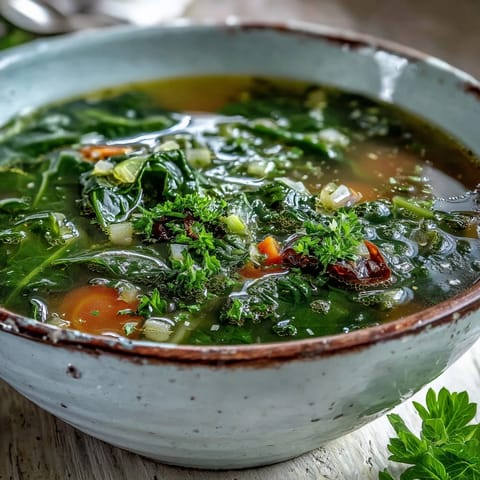 A pot of Swiss Chard Soup simmering on the stove with chopped carrots, celery, and vibrant green leaves. 