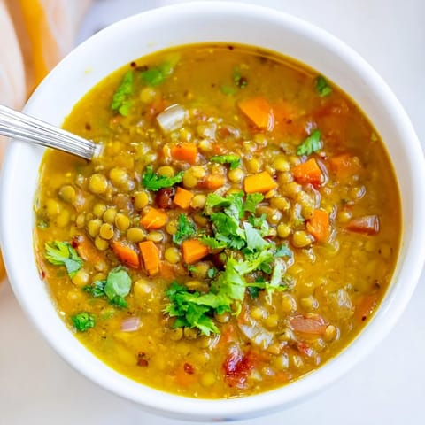 Homemade Indian Mung Bean Soup with fresh cilantro, lemon, and spices in a rustic bowl.