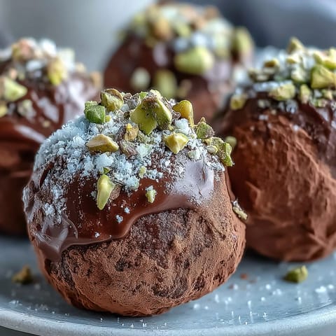 Close-up of rich chocolate truffles rolled in chopped nuts, a decadent homemade candy treat.