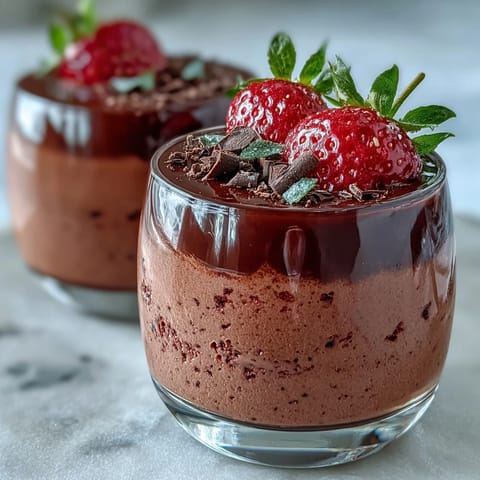 A glass dessert layered with airy strawberry mousse and rich, glossy chocolate ganache, garnished with fresh berries.  