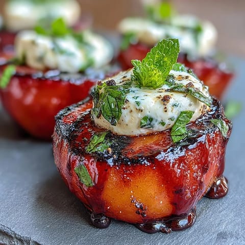 Sweet and tangy Balsamic-Goat Cheese Grilled Plums garnished with fresh mint leaves.