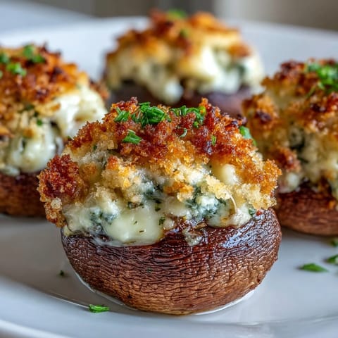 Golden-brown, bubbly Stuffed Asiago-Basil Mushrooms served warm on a dark rustic platter for an elegant appetizer spread.