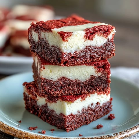 Slice of red velvet cheesecake brownie on a dessert plate, with a dollop of whipped cream for a festive treat.