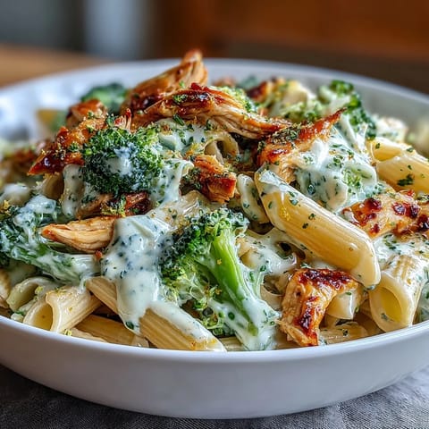 A close-up of High Protein Rotisserie Chicken Broccoli Pasta showing a silky Greek yogurt sauce, garlic, lemon zest, and Parmesan garnish.