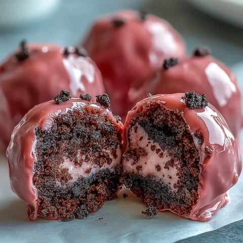 Three Oreo Truffle Balls with pink candy coating on a marble board, topped with white edible pearls.