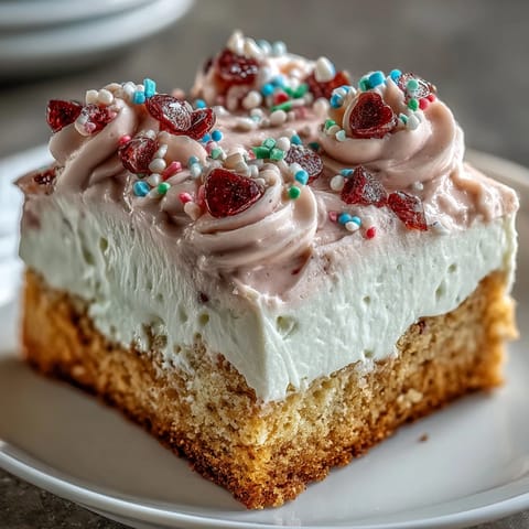A slice of Candy Hearts Fake Cake reveals a graham cracker crust and whipped cream frosting decorated with candy hearts.