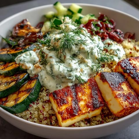 Creamy tzatziki drizzle and crumbled feta top the vibrant bowl, ready to serve for dinner.