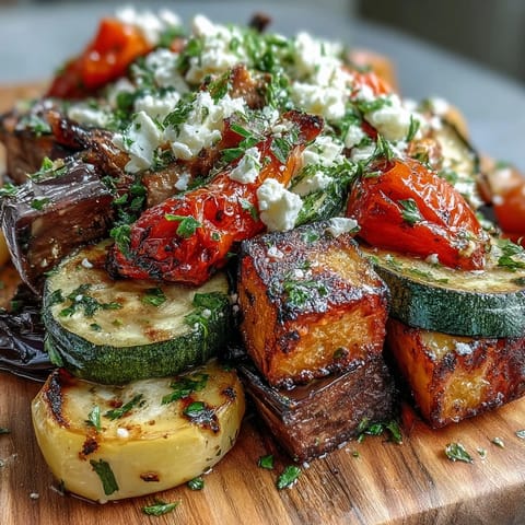 Golden-brown Roasted Mediterranean Greek Vegetables on a baking sheet, featuring caramelized eggplant, zucchini, bell peppers, and cherry tomatoes fresh from the oven.