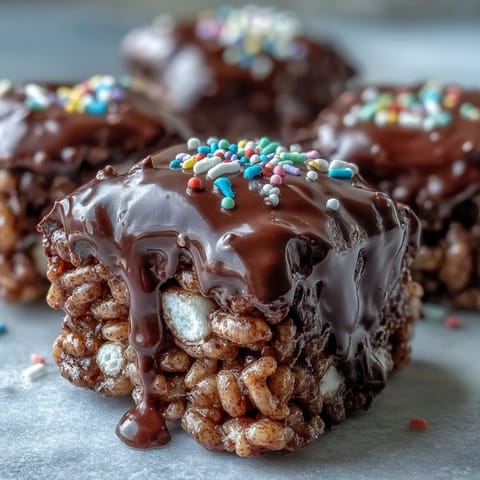 A close-up of squares of Chocolate Covered Rice Krispy Treats, showcasing a thick chocolate layer and crisp, gooey marshmallow cereal base.