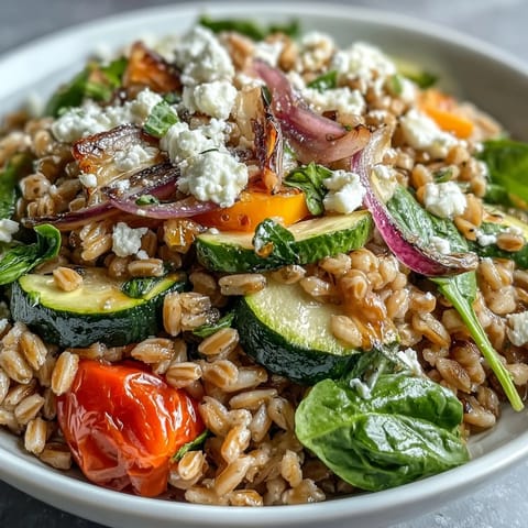 A vibrant Farro Pasta Bowl topped with crumbled feta and toasted pine nuts, ready to serve warm.