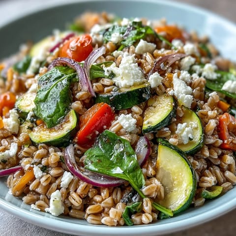 Colorful Mediterranean vegetables and fresh parsley garnish this hearty Farro Pasta Bowl for a light lunch.