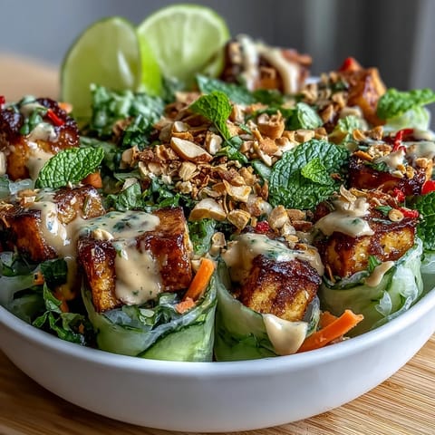 Freshly soaked rice paper shards, crisp julienned vegetables, and tender grilled chicken are layered over jasmine rice in this vibrant Rice Paper Roll Bowl, served with creamy peanut sauce.