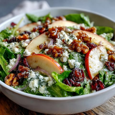 A vibrant Mixed Greens and Apple Bowl topped with crumbled goat cheese and toasted walnuts, finished with a drizzle of tangy cider vinaigrette.