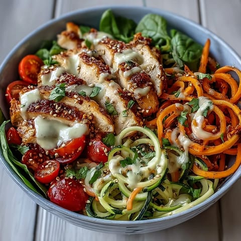 A vibrant Spiralized Vegetable Bowl features spiralized zucchini and sweet potato noodles tossed with cherry tomatoes and spinach.