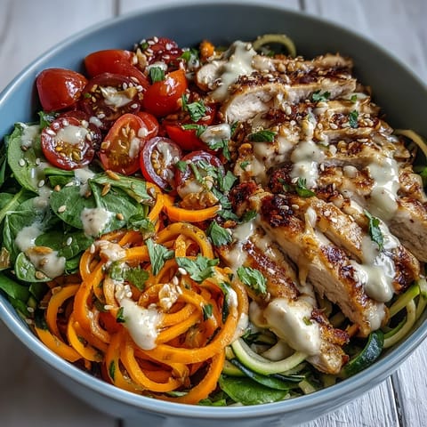 A hearty Spiralized Vegetable Bowl showcases spiralized noodles topped with grilled chicken slices and a creamy tahini drizzle.
