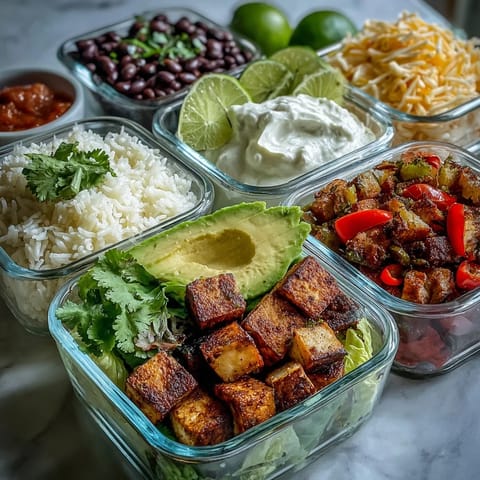 Fluffy rice and black beans fill the Meal Prep Burrito Bowl base, topped with fresh diced avocado and cilantro.