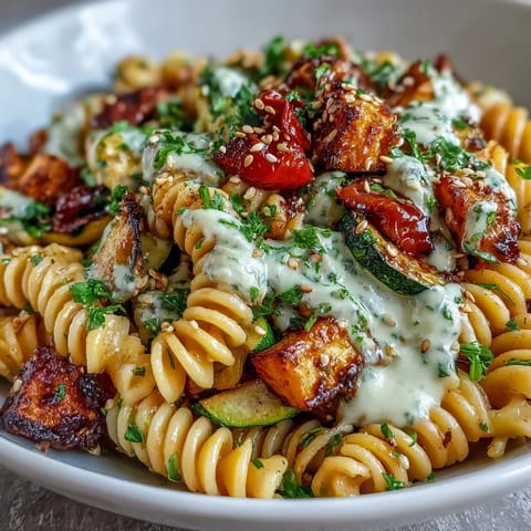 Golden roasted cherry tomatoes and red onions mix with chickpea pasta, finished with a drizzle of sesame tahini dressing.