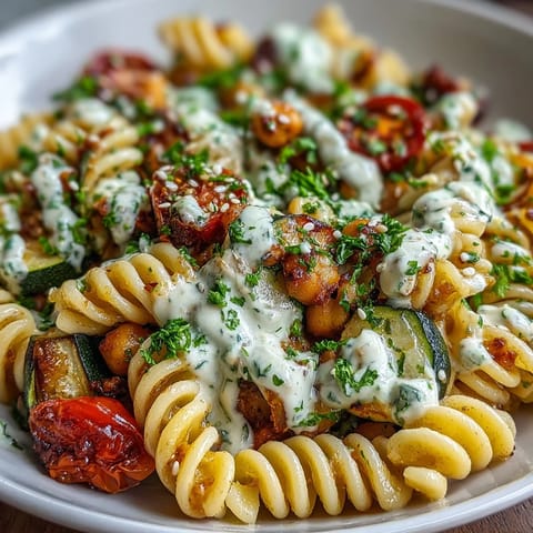 Freshly roasted zucchini and bell peppers rest atop chickpea pasta, drizzled with creamy tahini sauce and sprinkled with parsley.