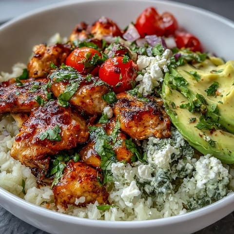 Freshly sautéed cauliflower rice topped with golden chicken, crisp broccoli, and diced red bell peppers.
