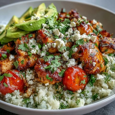 A vibrant Cauliflower Rice Bowl garnished with creamy avocado slices and fresh cilantro for a healthy low-carb meal.