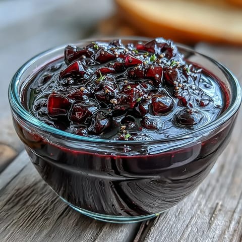 A glass jar of homemade Black Currant Vinaigrette sits beside fresh salad greens and a sliced shallot.