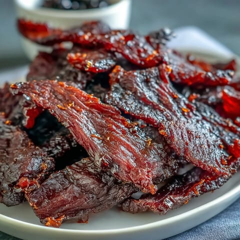 A close-up shows glossy Black Currant Smoky Jerky strips with a rich, deep mahogany color and visible seasoning.