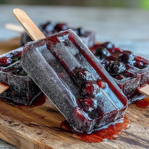 Deliciously tart Black Currant Popsicles frozen with wooden sticks, ready to enjoy as a refreshing vegan summer dessert.