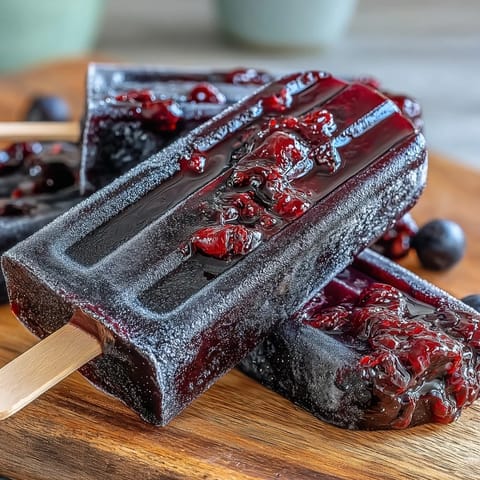 Freshly made Black Currant Popsicles featuring a vibrant deep purple hue and studded with whole fruit, presented on a bed of ice.