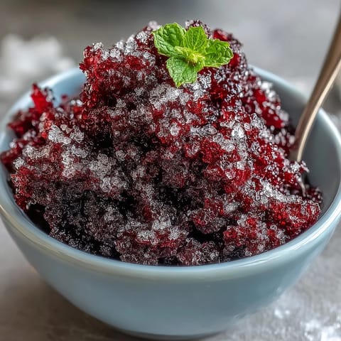Bright red Black Currant Granita is shaved into fluffy ice crystals in a chilled glass bowl, ready to enjoy.